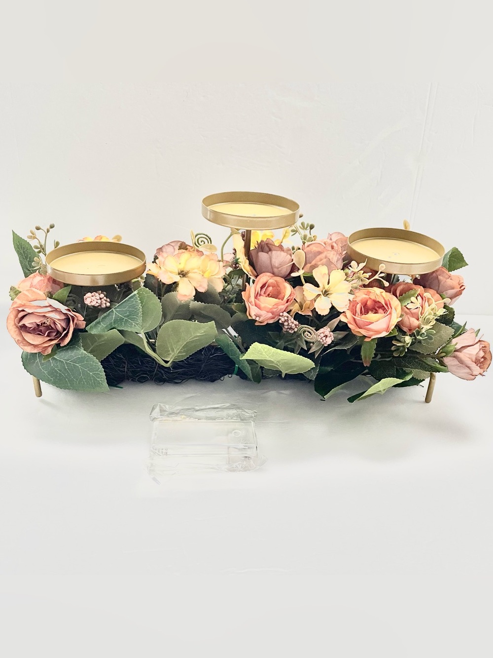 Floral Gold Metal Candle Holder Centerpiece - Peach and Green
